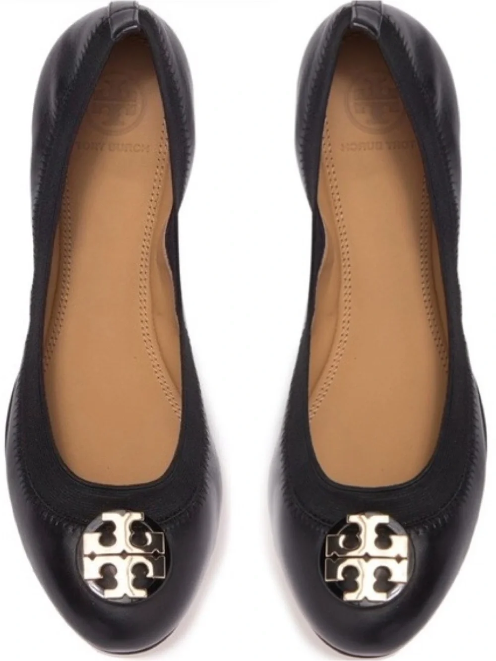 TORY BURCH Black Claire Elastic Ballet Flat with Gold Logo - Size 6.5